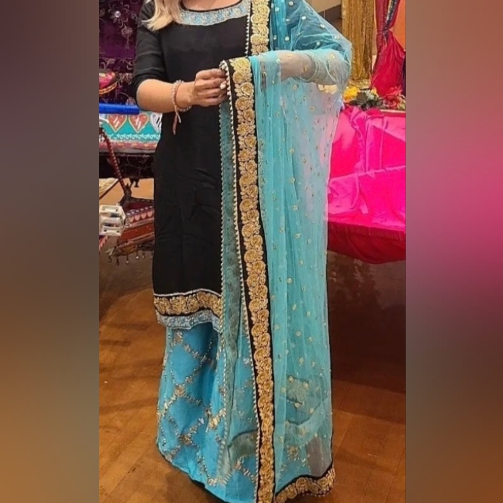 Black & Aqua Embroidered Salwar Kameez with Gold Trim